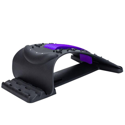 Schwarze Rückenstreckhilfe mit lila Akzenten, ergonomisch, für Rückenschmerzen Linderung.
