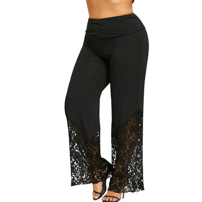 Schwarze Damenhose mit Spitze, weites Bein, elegant, modisch, ideal für Abendmode.