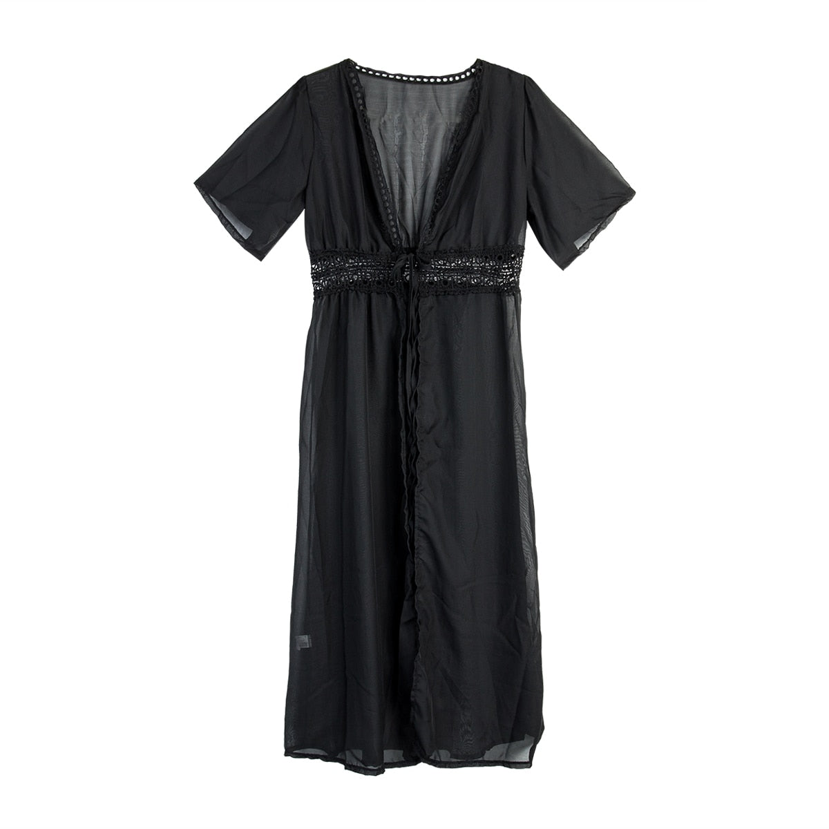 Langes Strandkleid mit Spitzen-Details und Schleifenverschluss – Elara