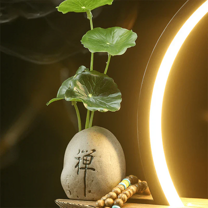 Steinlampe mit Pflanzen, LED-Licht, Zen-Dekor, chinesisches Schriftzeichen, Meditationsraum.