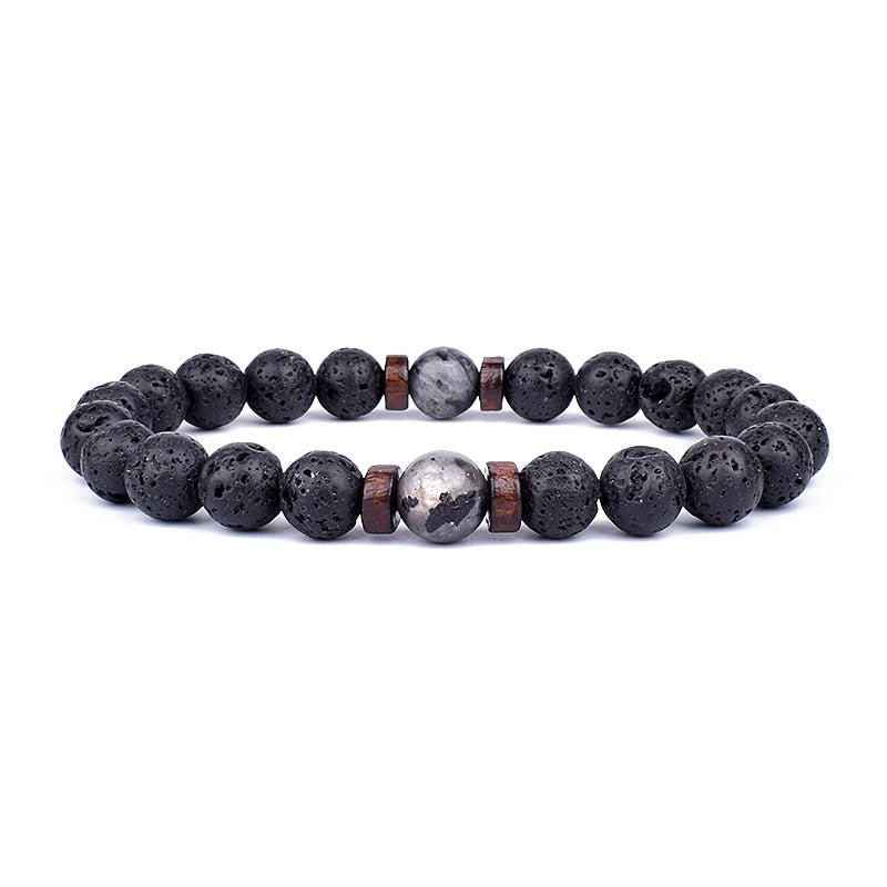 Schwarzes Lavastein-Armband mit Holzperlen, elastisch, Unisex-Schmuck, Naturstein.