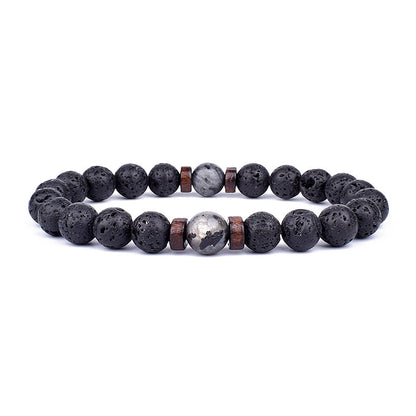 Schwarzes Lavastein-Armband mit Holzperlen, elastisch, Unisex-Schmuck, Naturstein.