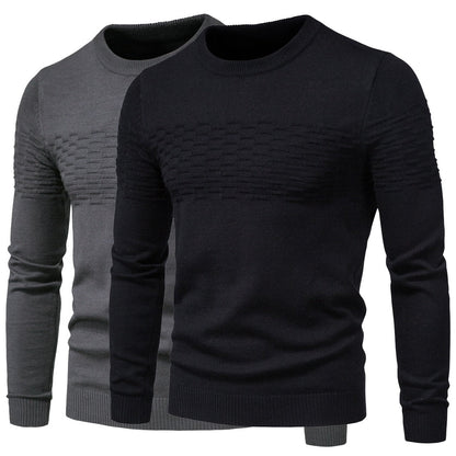 Zwei Herrenpullover, schwarz und grau, Strickmuster, Rundhalsausschnitt, langärmelig.