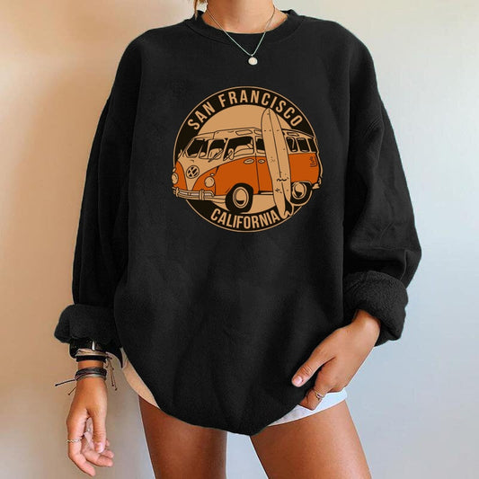 Schwarzer Pullover mit VW-Bus-Print, "San Francisco California", lässige Damenmode.