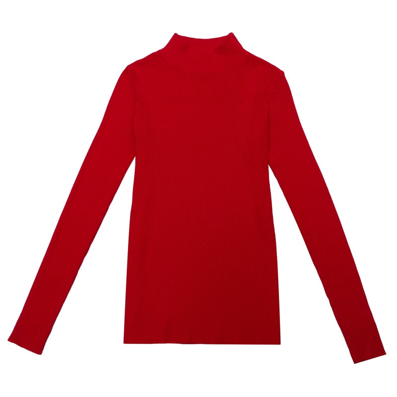 Roter Rollkragenpullover Damen, langärmelig, Baumwolle, modisch, elegant.