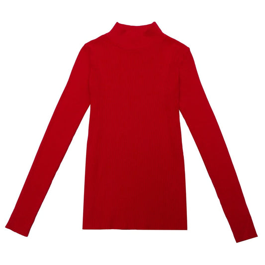 Roter Rollkragenpullover Damen, langärmelig, Baumwolle, modisch, elegant.
