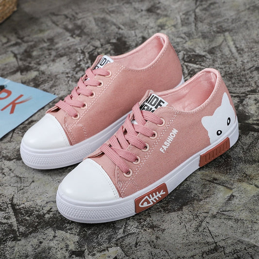 Rosa Sneaker mit Katzenmotiv, weißer Kappe und Gummisohle, modische Freizeitschuhe für Damen.