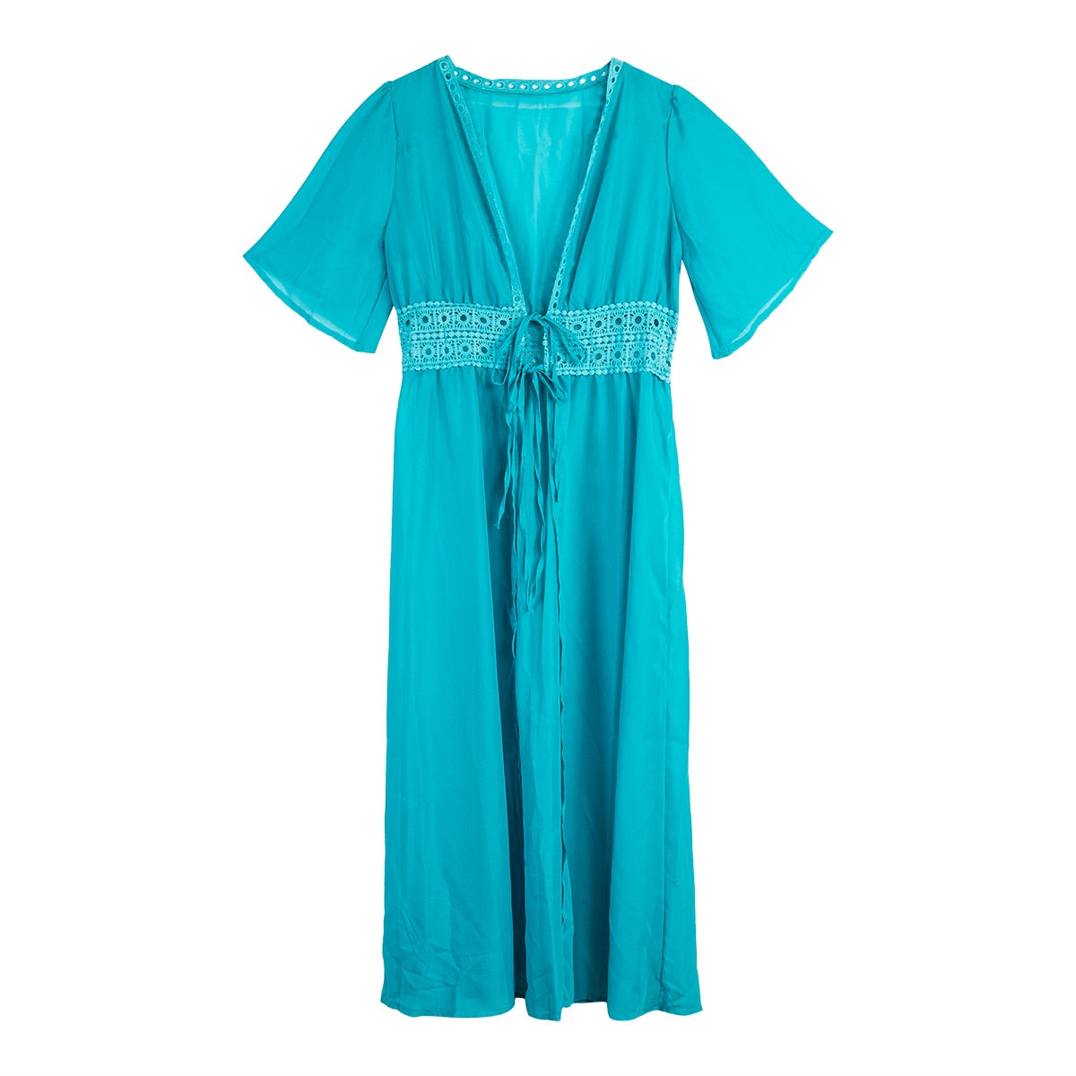 Langes Strandkleid mit Spitzen-Details und Schleifenverschluss – Elara