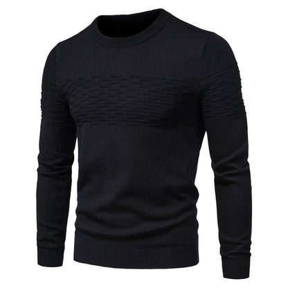 Schwarzer Herrenpullover, Strickmuster, Rundhalsausschnitt, langärmelig, modisch, warm.