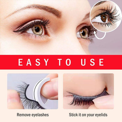 Großes Anwendungsbild: Wimpern werden vom Halter abgenommen und auf das geschlossene Augenlid gedrückt, oben ein Auge mit Wimpern. 7