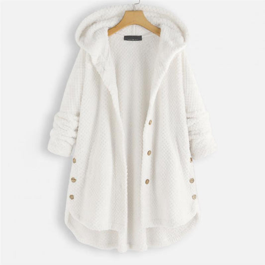 Weiße Damen-Fleecejacke mit Kapuze, Knöpfen, warm, gemütlich, Wintermode.