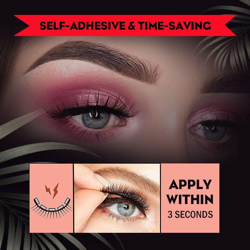 Dunkles Motiv mit rosa Lidschatten und aufgesetzten Wimpern, darunter eine Hand, die die Wimpern in wenigen Sekunden anbringt. 8