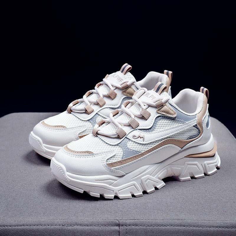 Weiße Damen-Sneaker, Mesh und Leder, klobige Sohle, modisch, bequem, sportlich