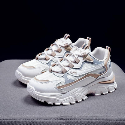 Weiße Damen-Sneaker, Mesh und Leder, klobige Sohle, modisch, bequem, sportlich