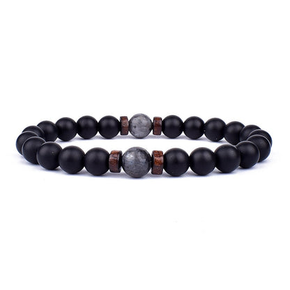 Schwarzes Perlenarmband mit grauen und Holzperlen, elastisch, Unisex-Schmuck, modisch.