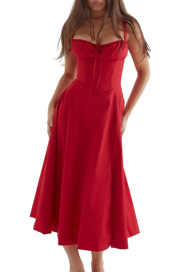 Rotes Bustier-Sommerkleid, ärmellos, knielang, elegantes Design, Damenmode.