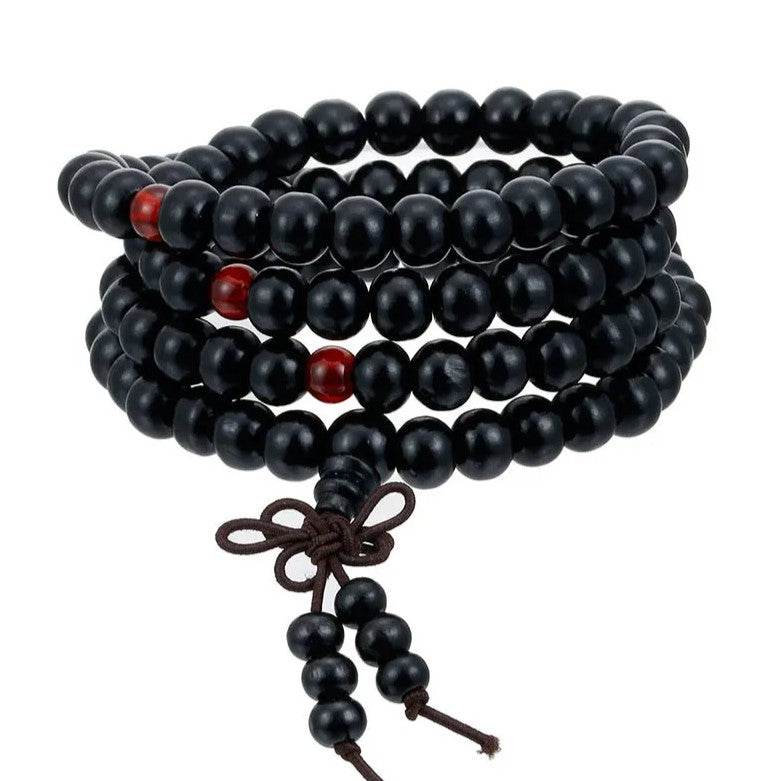 Schwarze Gebetskette aus Holz mit roten Perlen, elastisch, für Meditation und Yoga.