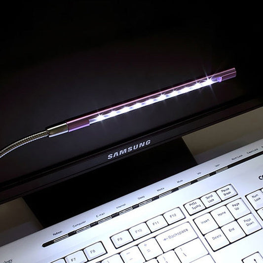 Lila LED-Leselampe, USB-betrieben, flexibel, beleuchtet Tastatur, ideal für Computerarbeitsplatz.
