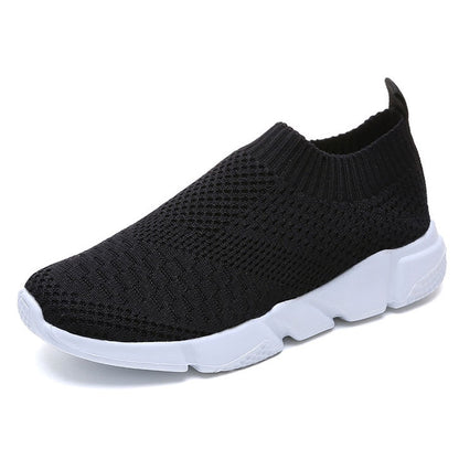 Schwarzer Sneaker aus Strickgewebe mit weißer Sohle, atmungsaktiv, rutschfest, Unisex.