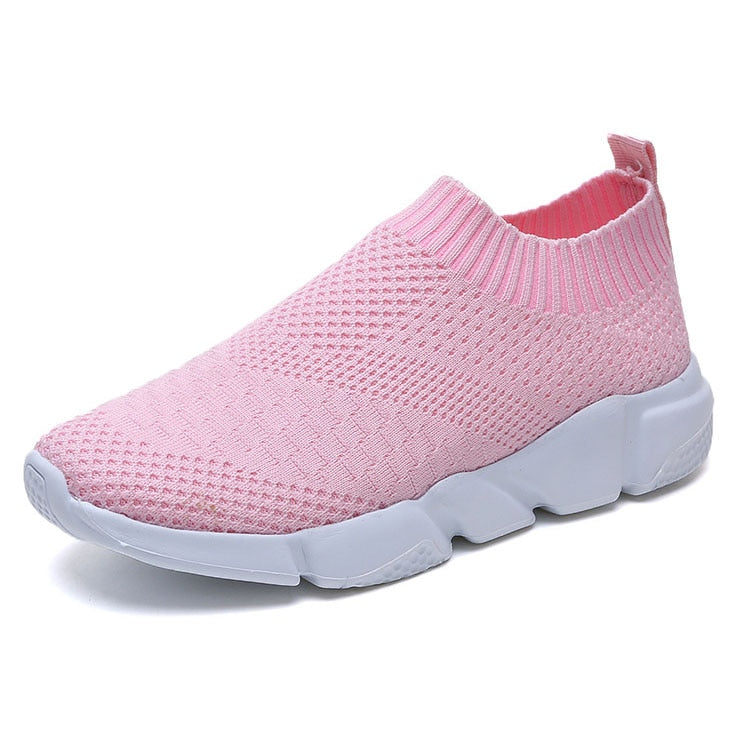 Rosa Damen-Sneaker, atmungsaktiv, Strickmaterial, rutschfeste Sohle, modisch, bequem.