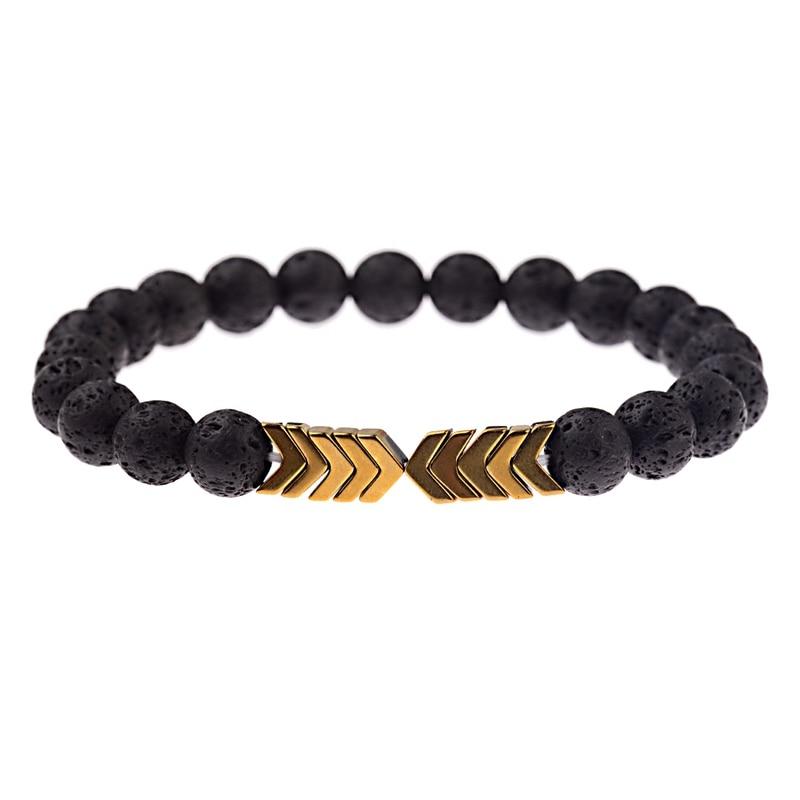 Schwarzes Lavastein-Armband mit goldenen Pfeil-Details, elastisch, Unisex-Schmuck.