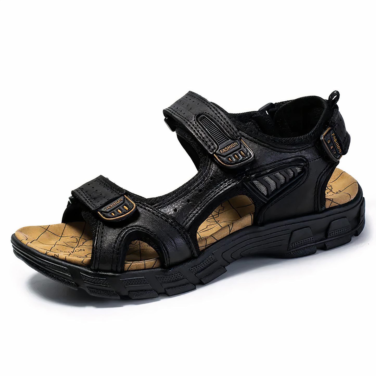 Schwarze Herren-Trekkingsandale, Leder, Klettverschluss, rutschfeste Sohle, Outdoor-Schuhe