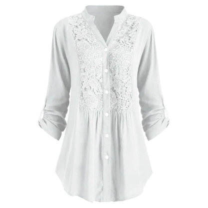 Damenbluse mit Spitze, weiß, langärmelig, Knopfleiste, elegant, Freizeitmode.