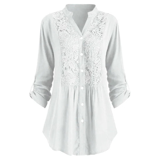 Damenbluse mit Spitze, weiß, langärmelig, Knopfleiste, elegant, Freizeitmode.