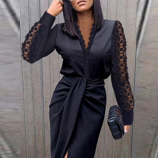 Schwarzes Damenkleid mit Spitzenärmeln, elegantes Design, Abendmode, knielang.