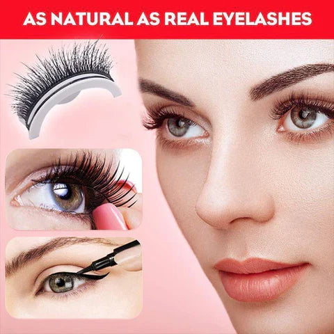 Model mit natürlich wirkenden Wimpern, daneben Wimpern auf dem Halter, das Aufsetzen am Auge und ein Eyeliner-Strich. 4