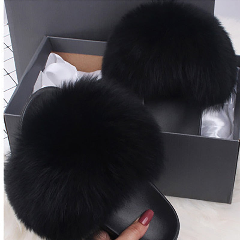 Schwarze Pelzhausschuhe Damen, flauschig, gemütlich, modisch, Geschenkbox, luxuriös.
