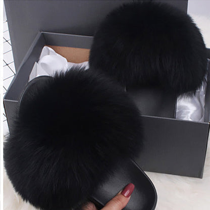 Schwarze Pelzhausschuhe Damen, flauschig, gemütlich, modisch, Geschenkbox, luxuriös.
