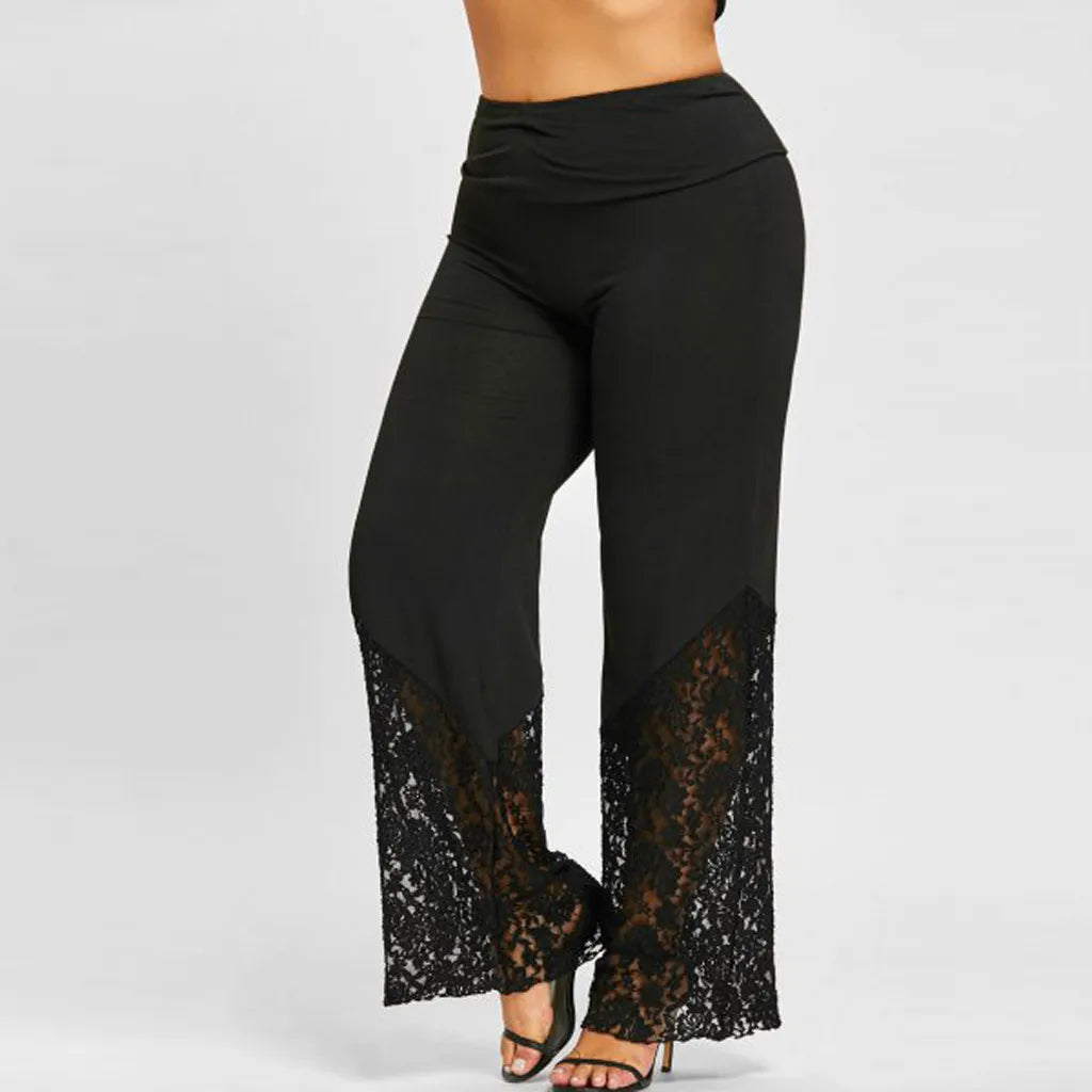 Schwarze Damenhose mit Spitze, weites Bein, elegant, modisch, ideal für Abendmode.