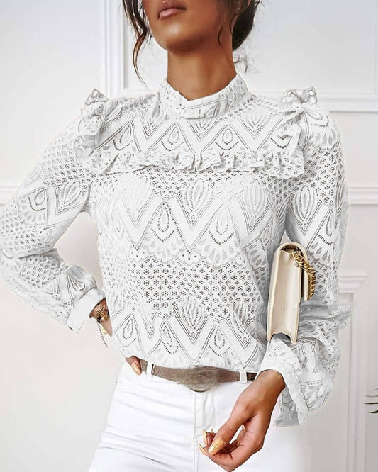 Damenbluse weiß Spitze Rüschen elegant langarm modisch Büro-Outfit
