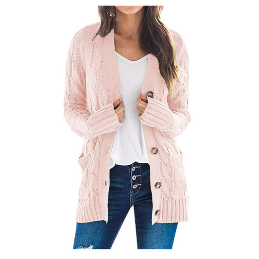 Damen Strickjacke rosa, Zopfmuster, Knöpfe, lässig, modisch, Herbstmode, gemütlich, elegant.