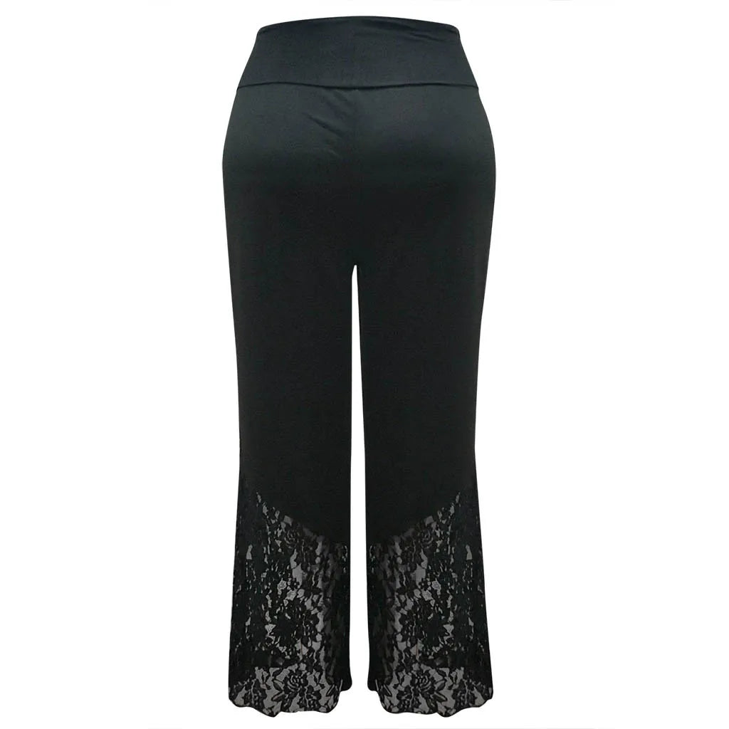 Schwarze Damenhose mit Spitze, elegant, modisch, bequem, aus Baumwolle, für Abendmode.