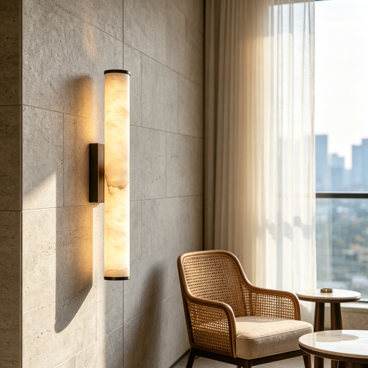 Leuchtende Wandlampe mit schwarzer Halterung an Steinfliesenwand, daneben ein Korbgeflecht-Sessel, Beistelltische und ein Fenster mit Stadtblick. 8