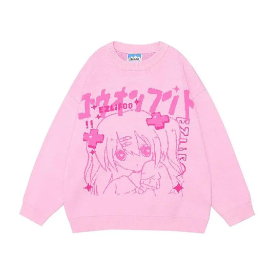 Rosa Pullover mit Anime-Motiv, Baumwolle, Unisex, modisch, lässig, Herbstmode.