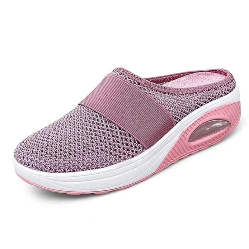 Altrosa Slipper aus Netzgewebe mit rosa Laufsohle und Luftkissen, Schrägansicht 12