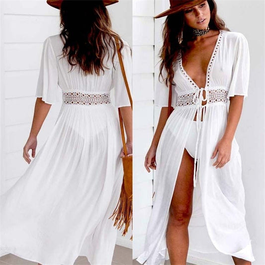 Langes Strandkleid mit Spitzen-Details und Schleifenverschluss – Elara