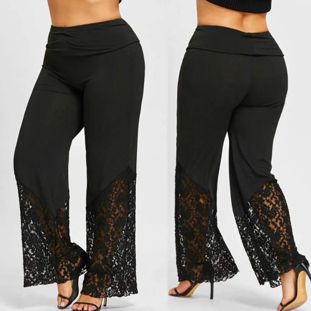 Schwarze Damenhose mit Spitze, Plus Size, elegant, modisch, bequem, für Abendmode.