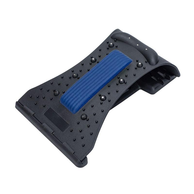 Schwarze Rückenstreckhilfe mit blauer Polsterung, ergonomisch, für Rückenschmerzen Linderung.