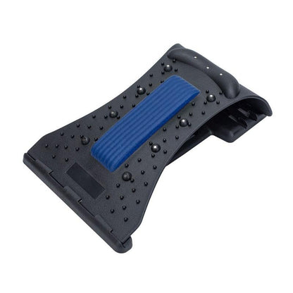 Schwarze Rückenstreckhilfe mit blauer Polsterung, ergonomisch, für Rückenschmerzen Linderung.