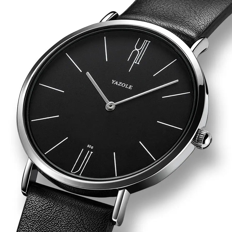 Schwarze Yazole Armbanduhr, minimalistisches Design, Lederarmband, Edelstahlgehäuse.