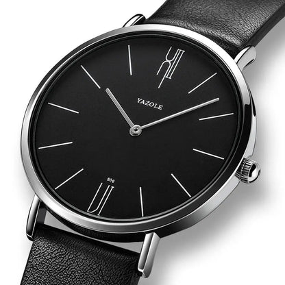 Schwarze Yazole Armbanduhr, minimalistisches Design, Lederarmband, Edelstahlgehäuse.