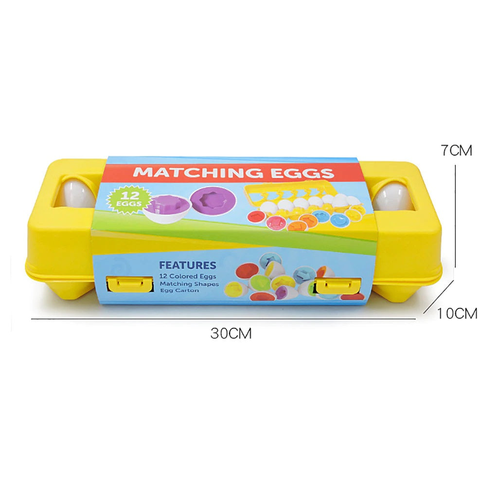 Gelbe Eierbox mit 12 bunten Lern-Eiern, Formen-Matching-Spielzeug für Kinder, 30x10x7cm.