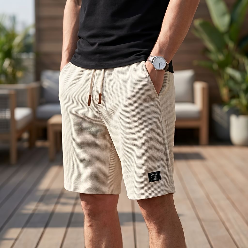 Mann in beiger Short mit Waffelstruktur, Kordelzug und Lederenden, Hand in der Tasche, auf einer Holzterrasse mit Sitzmöbeln. 8