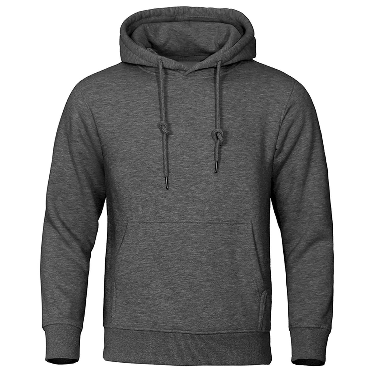 Dunkelgrau melierter Kapuzenpullover mit verknoteten Kordeln, Bauchtasche und Rippbündchen von vorne 2