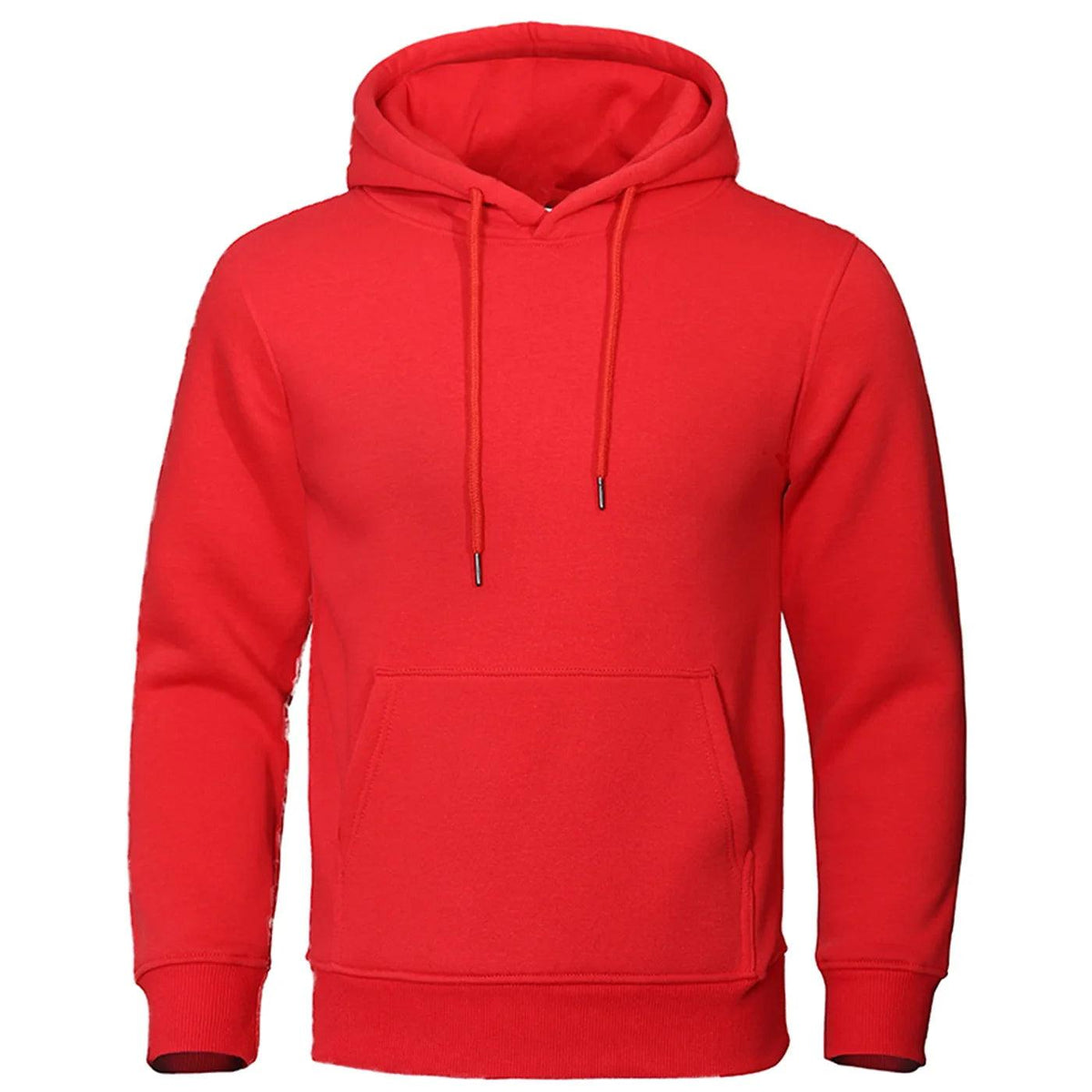 Roter Kapuzenpullover mit Kordeln, aufgesetzter Bauchtasche und Rippbündchen in der Vorderansicht 11