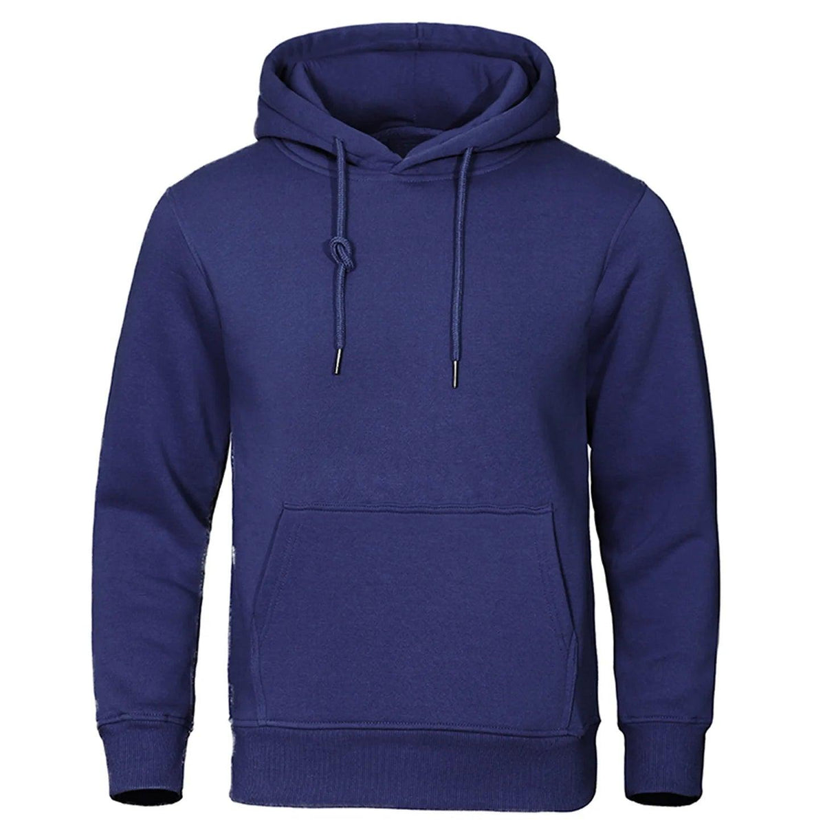 Marineblauer Kapuzenpullover mit einseitig verknoteter Kordel und Känguru-Tasche in der Frontansicht 12